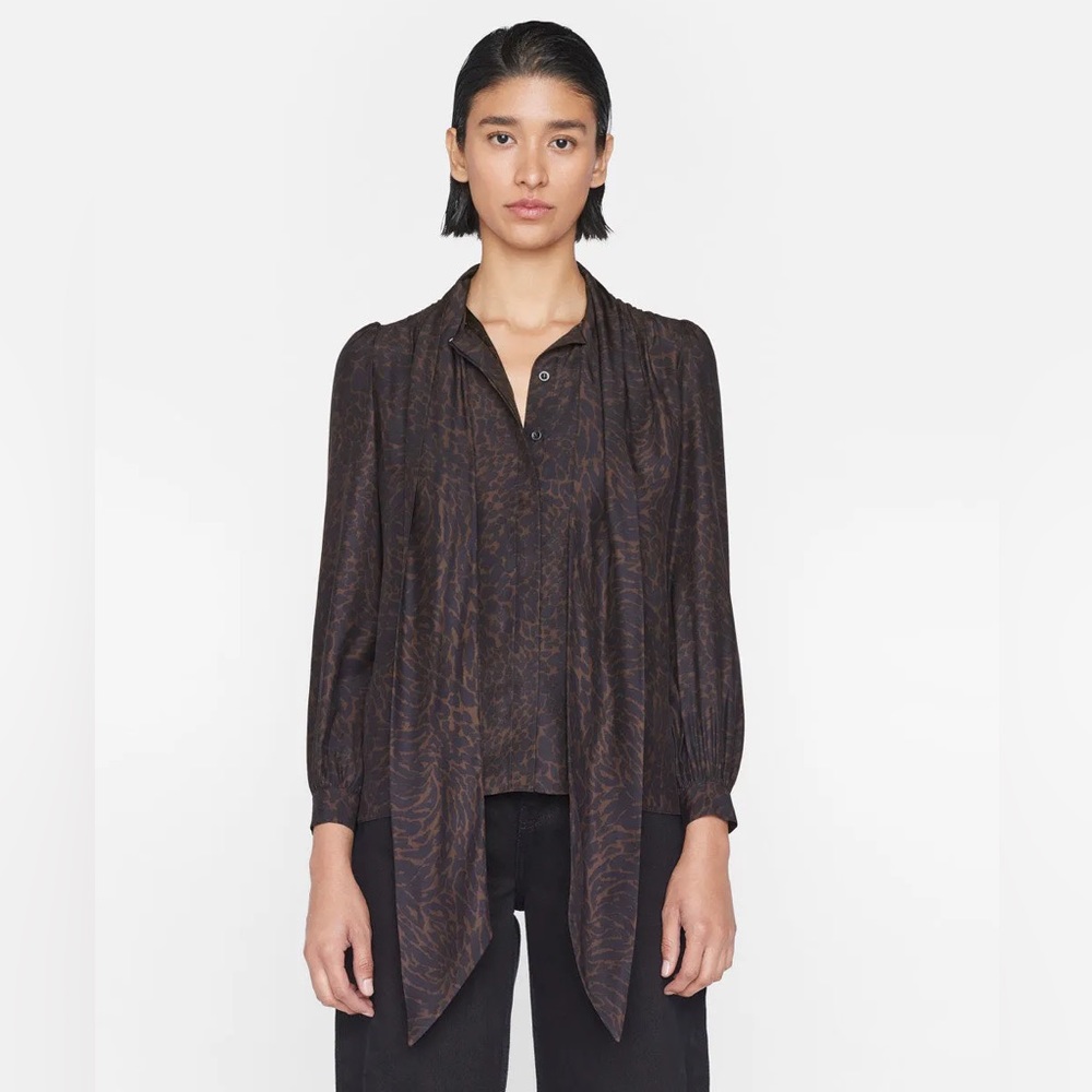 FRAME Femme Tie Neck Blouse- in Espresso Multi - Picture 2 of 9